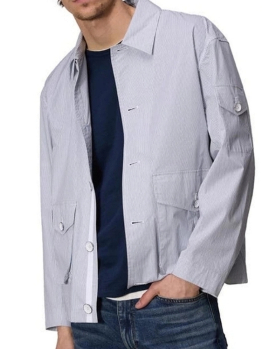 Rage & Bone Cade Mens Poplin Lightweight Jacket Sz L Light Blue & White Stripes